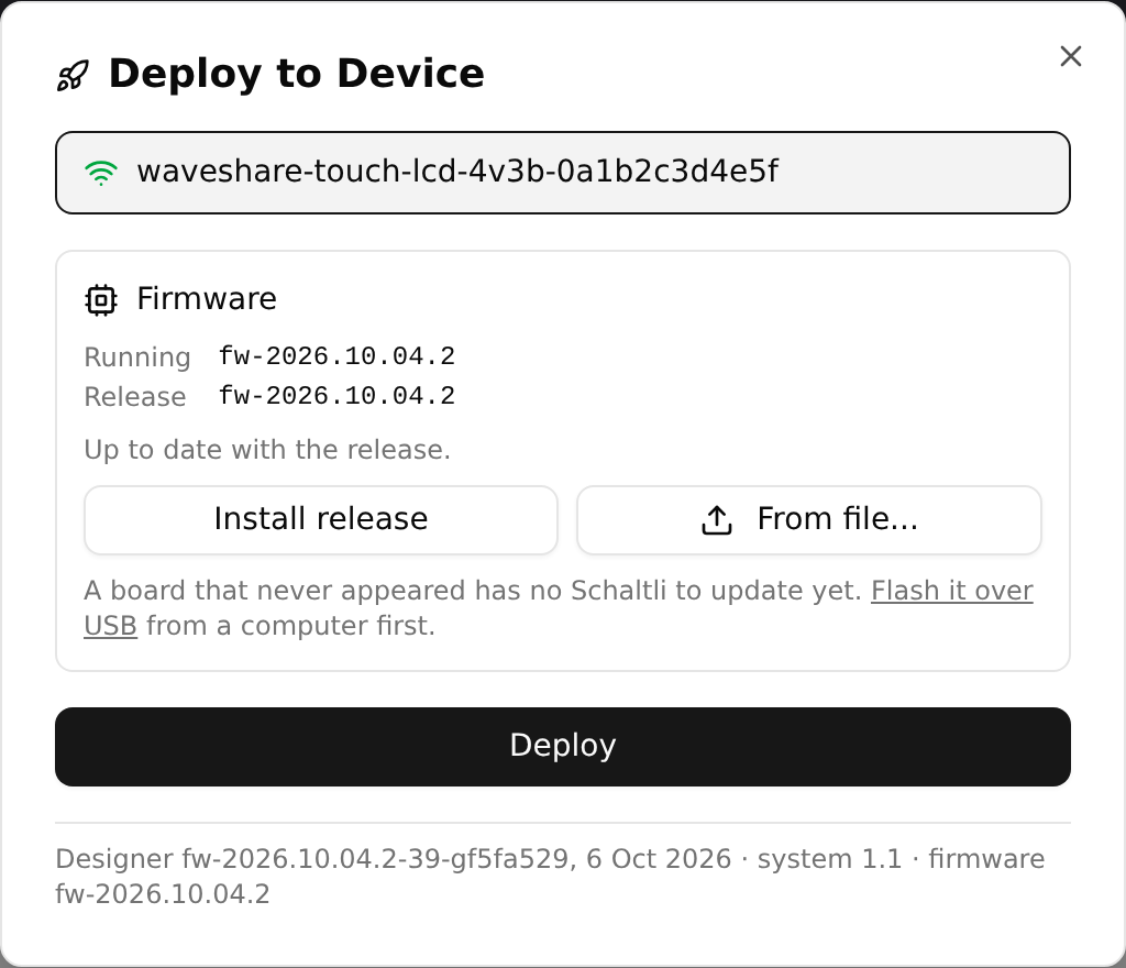 Der Dialog Deploy to Device mit ausgewähltem Board