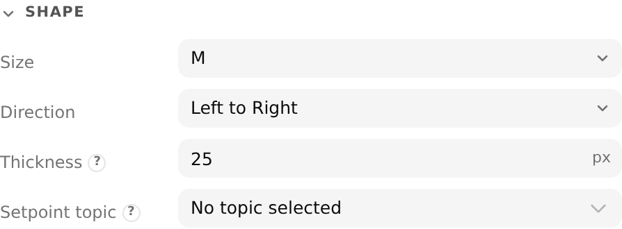 Unter Shape die Felder Size, Direction, Thickness und Setpoint topic eines Sliders