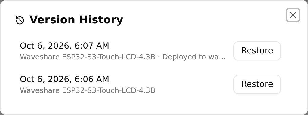 Der Dialog Version History mit der übertragenen Version und ihrem Board